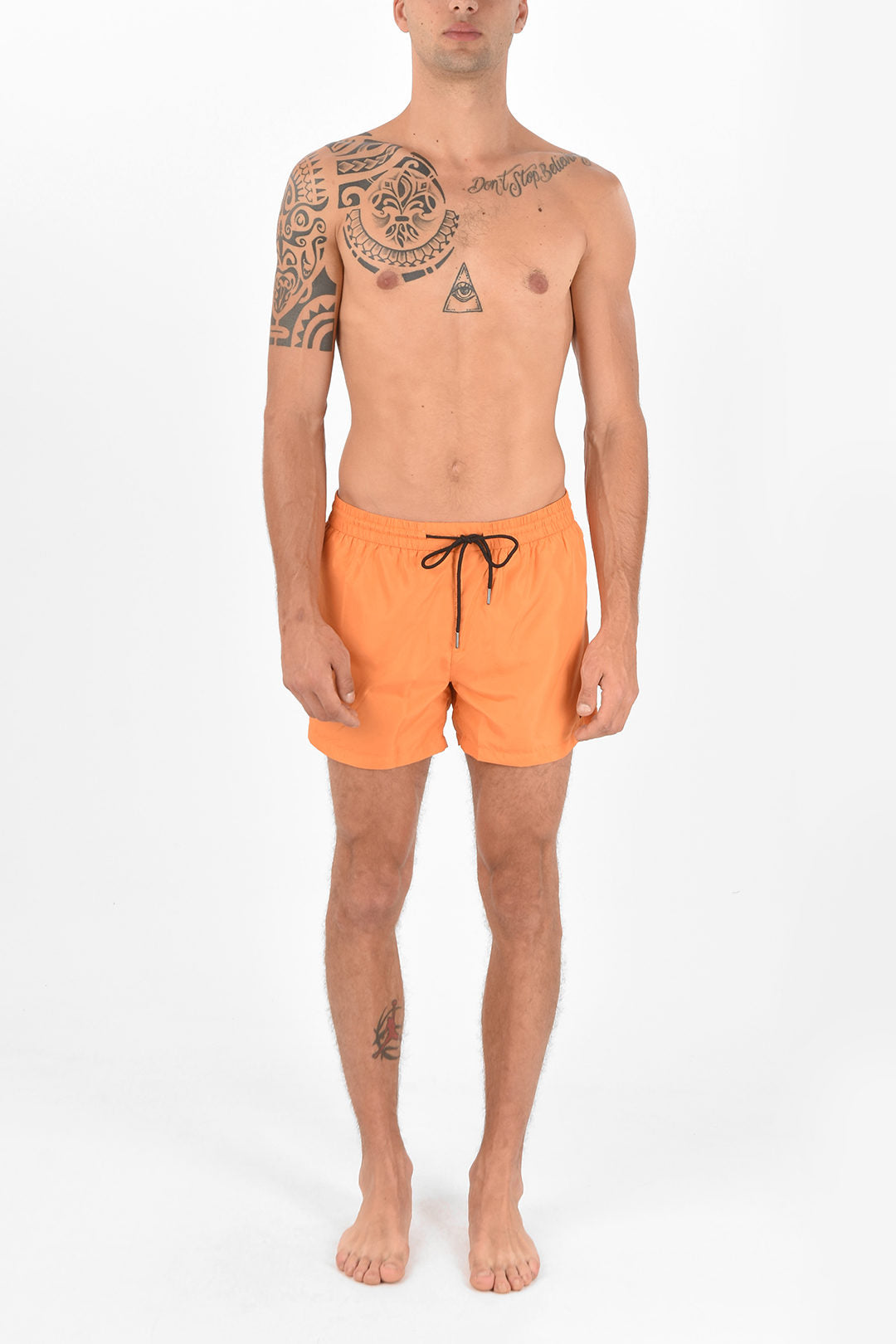 Solid color ethnic boxer swimsuit with orange elastic waistband