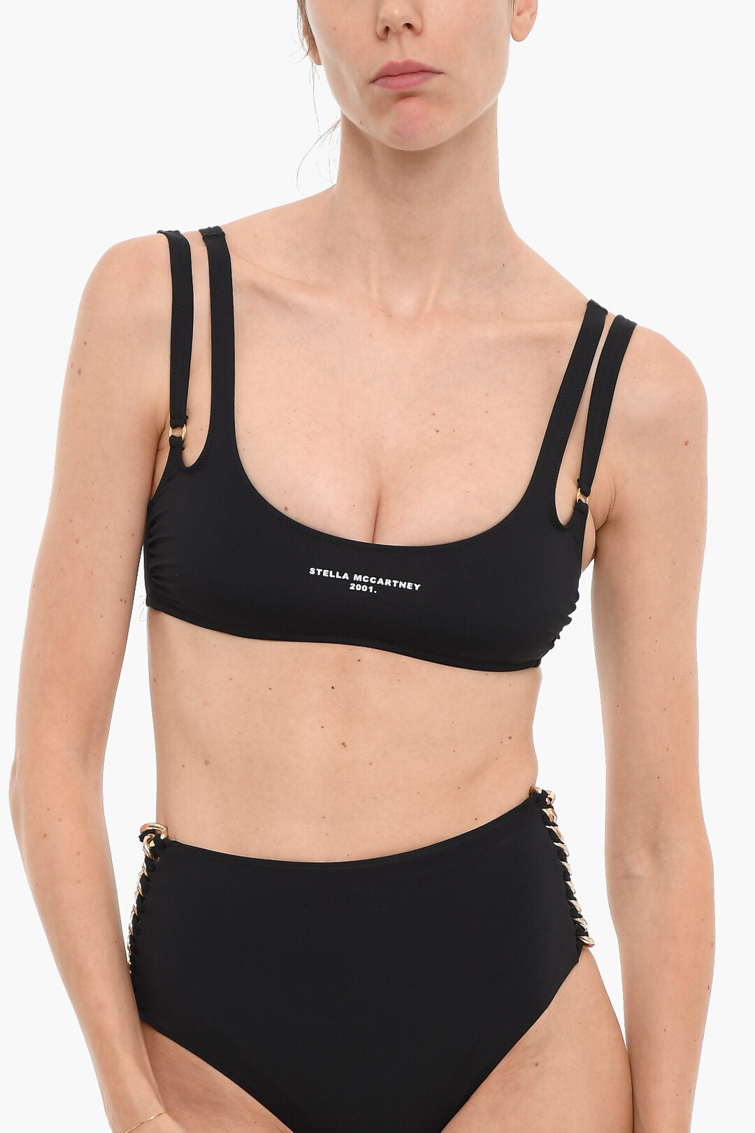 Solid color bikini top with black logo print