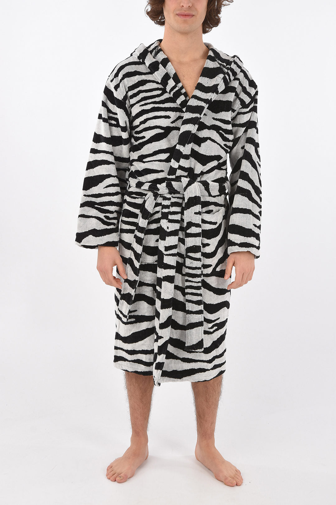 Home Bademantel aus Baumwolle mit Zebramuster und schwarz-weißer Kapuze
